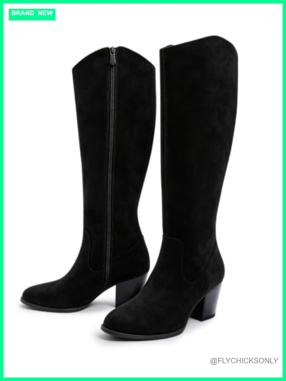 Ankis Women's Knee High Boots Pointed Toe Chunky Heel Side Zipper Faux Suede